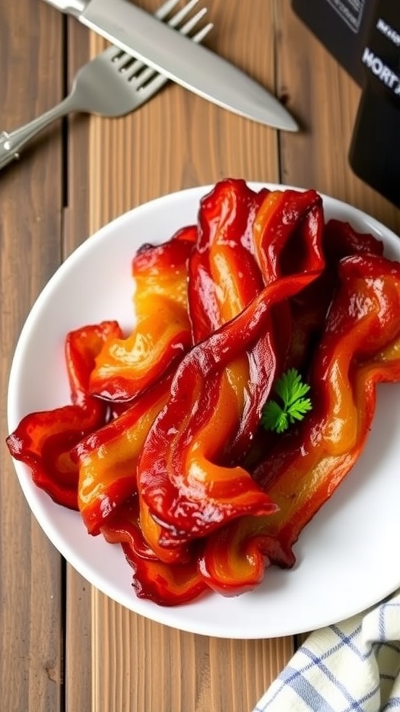 Crispy Air Fryer Bacon in the Oven Recipe Crispy strips of air fryer bacon on a white plate, garnished with parsley, on a wooden table.